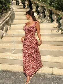 Serisse Women's Ruffle Hem Front Tie Plaid Elegant Mid-Length Dress - Dark Red - View 3