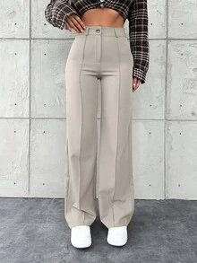 SHEIN Petite Size Women's Solid Color Simple Daily Business Pants - Cream - View 5