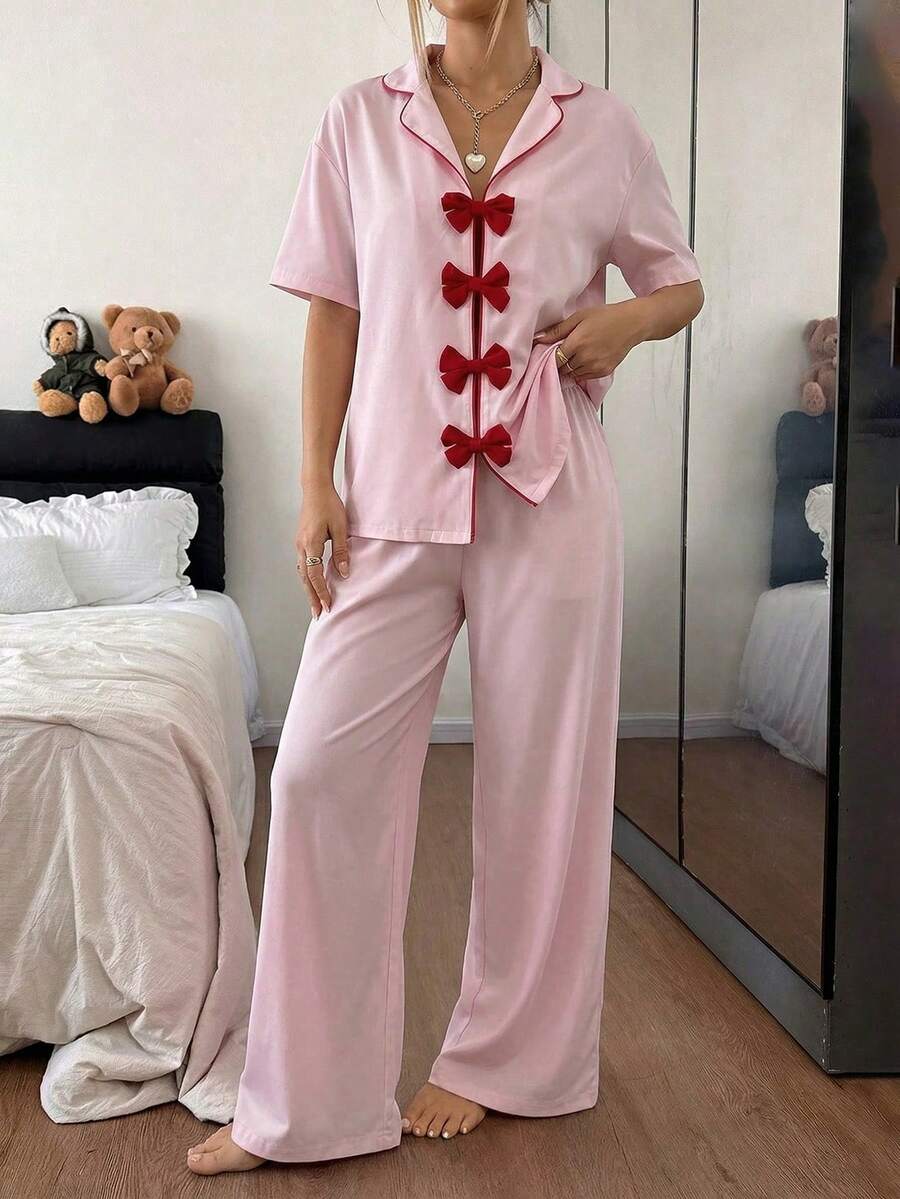 Aloruh Bộ đồ ngủ 2 mảnh màu hồng tay ngắn, cổ nơ tương phản, viền tương phản, thích hợp cho mùa xuân/hè, mùa cưới mới, ngày Valentine, mặc nhà thoải mái, ngọt ngào.