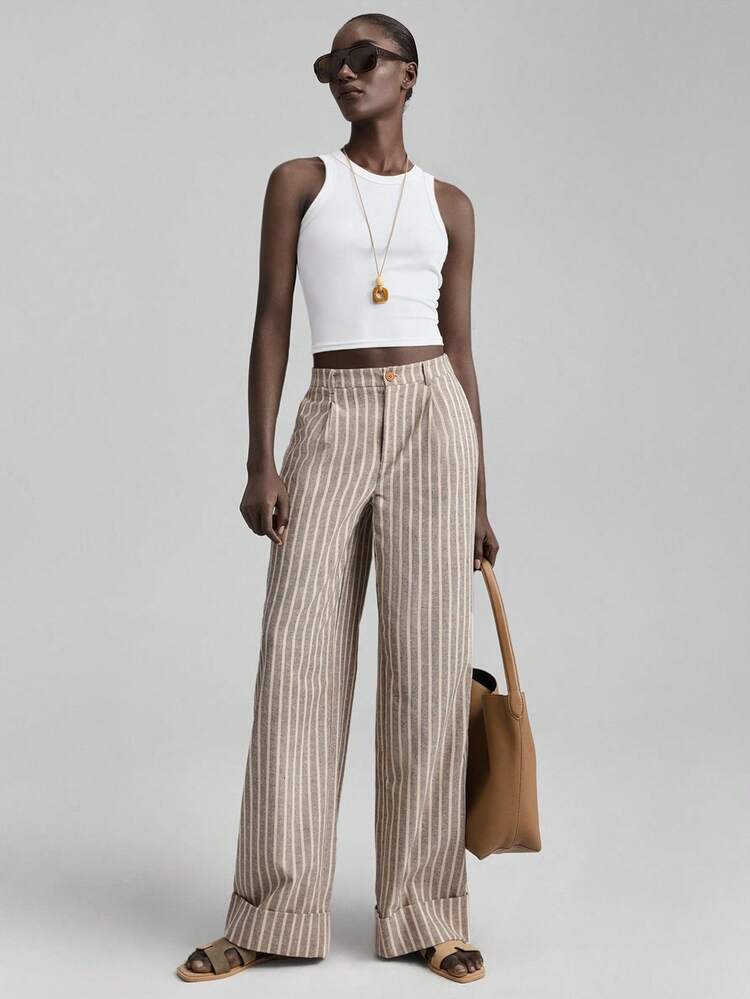 2026 New Linen Blend Casual Pants, Retro Style, Comfortable, Striped Fabric, Elastic Waist, Real Pockets, Women's Long Pants, Tapered Leg, Versatile Daily Wear, Business Casual Office Attire, Low-Key Vintage Vibe, Summer Urban Leisure Fashion, Elegant Commuter Wear