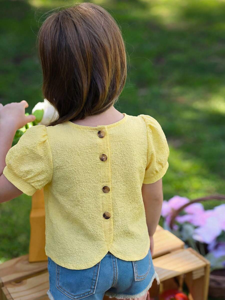 Emery Rose Kids Áo kiểu tay phồng ôm dáng thoải mái cho bé gái, màu vàng đơn giản, thích hợp cho các hoạt động ngoài trời mùa xuân/hè. - Màu vàng - Xem 1