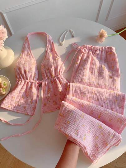 Comfortcana Women's Ditsy Floral Halter Neck Camisole And Pants Casual 2-Piece Set