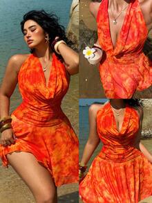 Sunnyshic Plus Size Women's Mesh Printed Neon Orange Halter Neck Sleeveless Mini Dress, Backless, Suitable For Summer Vacation, Beach, Tropical Style - Orange - View 1