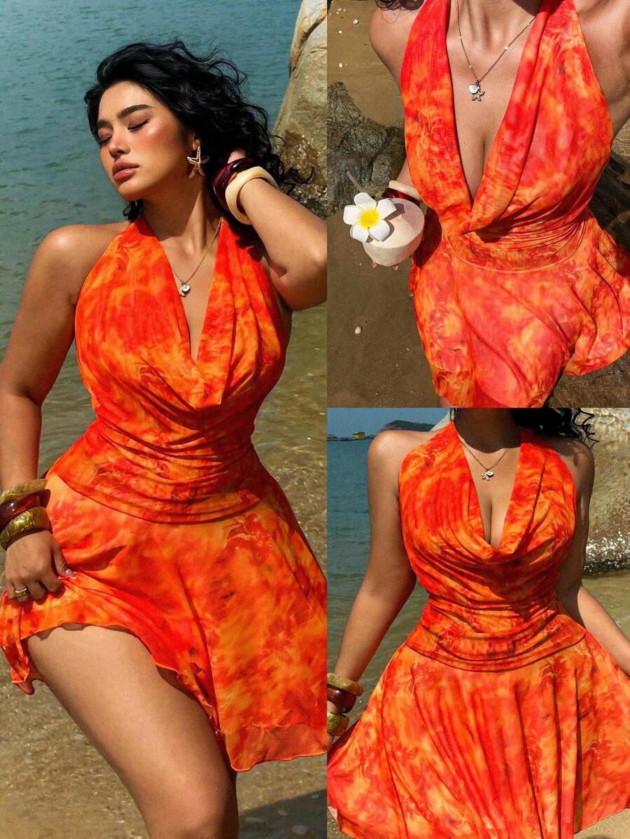 Sunnyshic Plus Size Women's Mesh Printed Neon Orange Halter Neck Sleeveless Mini Dress, Backless, Suitable For Summer Vacation, Beach, Tropical Style - Orange - View 1