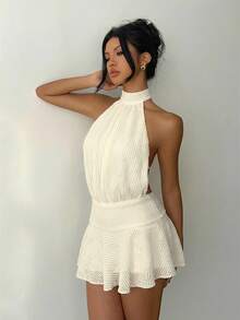 Aloruh Women's Spring/Summer New Solid White Backless Sexy Elegant Bowknot Tie A-Line Mini Dress, Textured Jacquard Fabric - White - View 5