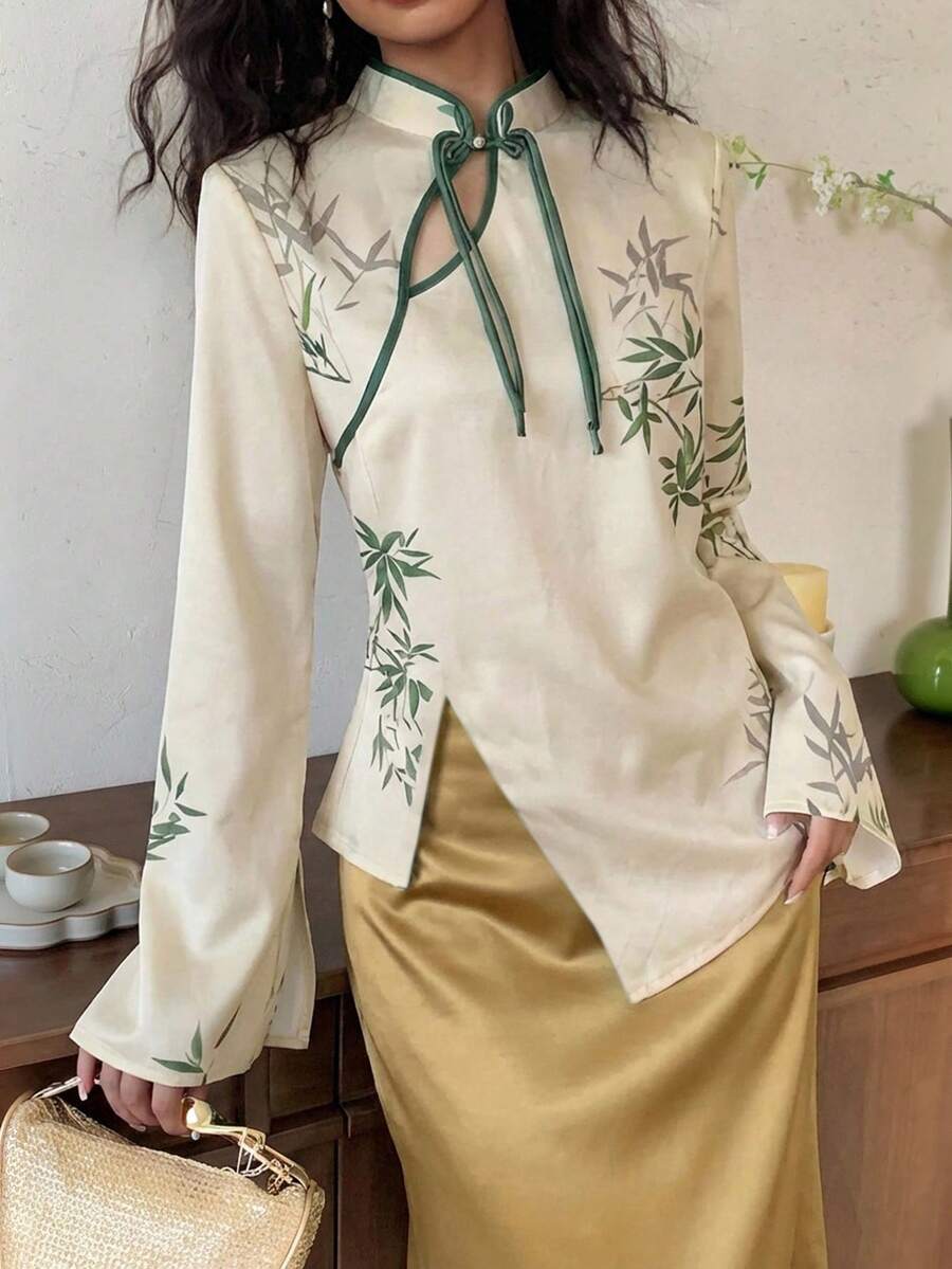 EastFlair Áo sơ mi nữ kiểu Trung Quốc với họa tiết thực vật, vạt áo bất đối xứng. - Màu be - Xem 1