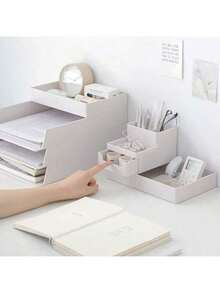 1PC, Desktop Stackable Storage Box, Office Pull-Out File Storage Box A4 Storage Box Desktop Plastic Drawer Stationery Holder Pen Holder - White - View 3