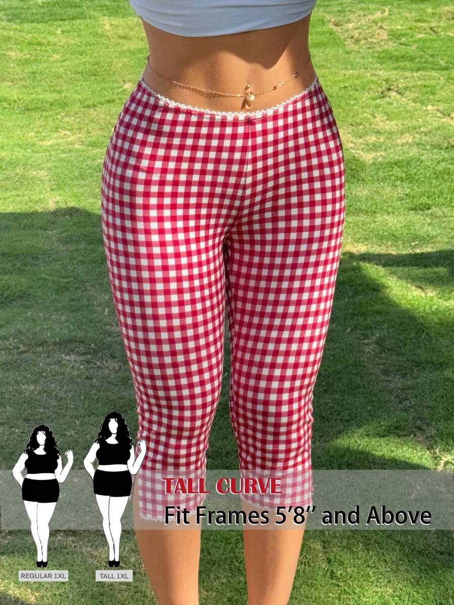 SHEIN Tall CURVE 大码格子印花修身休闲打底裤 - 粉色 - 查看 1