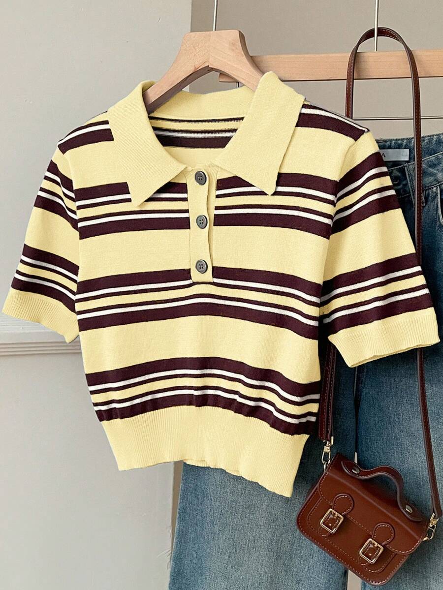 SHEIN EZwear Casual Striped Short Sleeve Knit Top, Spring/Summer - Yellow - View 1