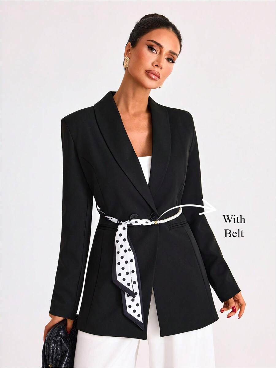 EURMUSE Women, Spring, Summer, Jacket, Belted, Comfortable, Elegant Chic, Blazer Dress For Women Tuxedo Dress Women Suit Dress Blazer Skirt Set Women's Suit Set Blazer With Belt Women Women's Blazers Women's Suit Set - Black - View 1