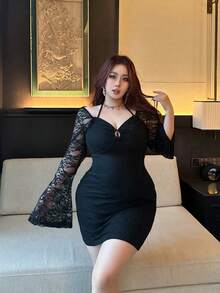 Vibekara Vestido ajustado de encaje con hombros descubiertos y cintura ceñida de talla grande - Negro - Ver 6