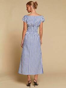 COSMINA Women's Elegant Striped Off Shoulder Cinched Waist Long Dress, Versatile For Commute And Everyday Wear, All Season - Blue and White - View 2