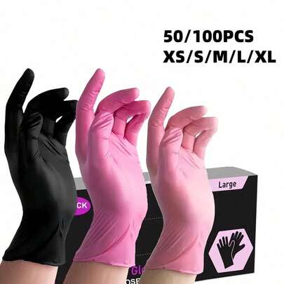 50/100pcs Pink & Black Nitrile Disposable Gloves - Latex-Free, Powder-Free, Suitable For Cleaning, Nail Care, Hairstyling And Tool Use - Sizes S/M/L /XLProvided