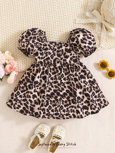 SHEIN 女婴夏季泡泡袖前襟纽扣收腰A字豹纹优雅公主裙，适合外出、玩耍、街头风、娱乐、派对及各种场合。