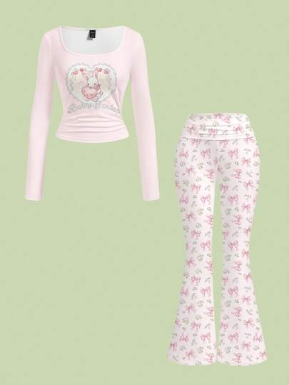 Kawaii Cute Rabbit Heart Dessert Cake Rabbit Bow Tie Sexy Low-Cut Bodycon Low-Waist Flare Pants Vintage 2-Piece Set For Women