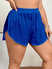 SHEIN Swim Curve 大码纯色裹身系结短款透视短裤罩衫 - 寶藍色 - 查看 5