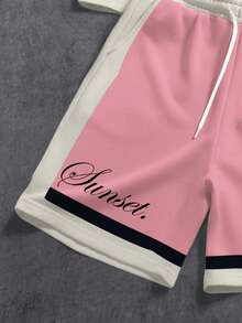 Manfinity ZONE917 Men's Round Neck Letter & Palm Tree Print Short Sleeve T-Shirt And Drawstring Waist Shorts Casual Daily Outfit - Pink - View 4