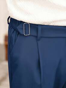 Manfinity CasualCool Men's Casual Solid Color Commuter Pants With Pockets - Navy Blue - View 4