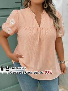 SHEIN CURVE+ Plus Size Women Striped Daisy Print Ruffle Hem Patchwork Blouse - Orange - View 1