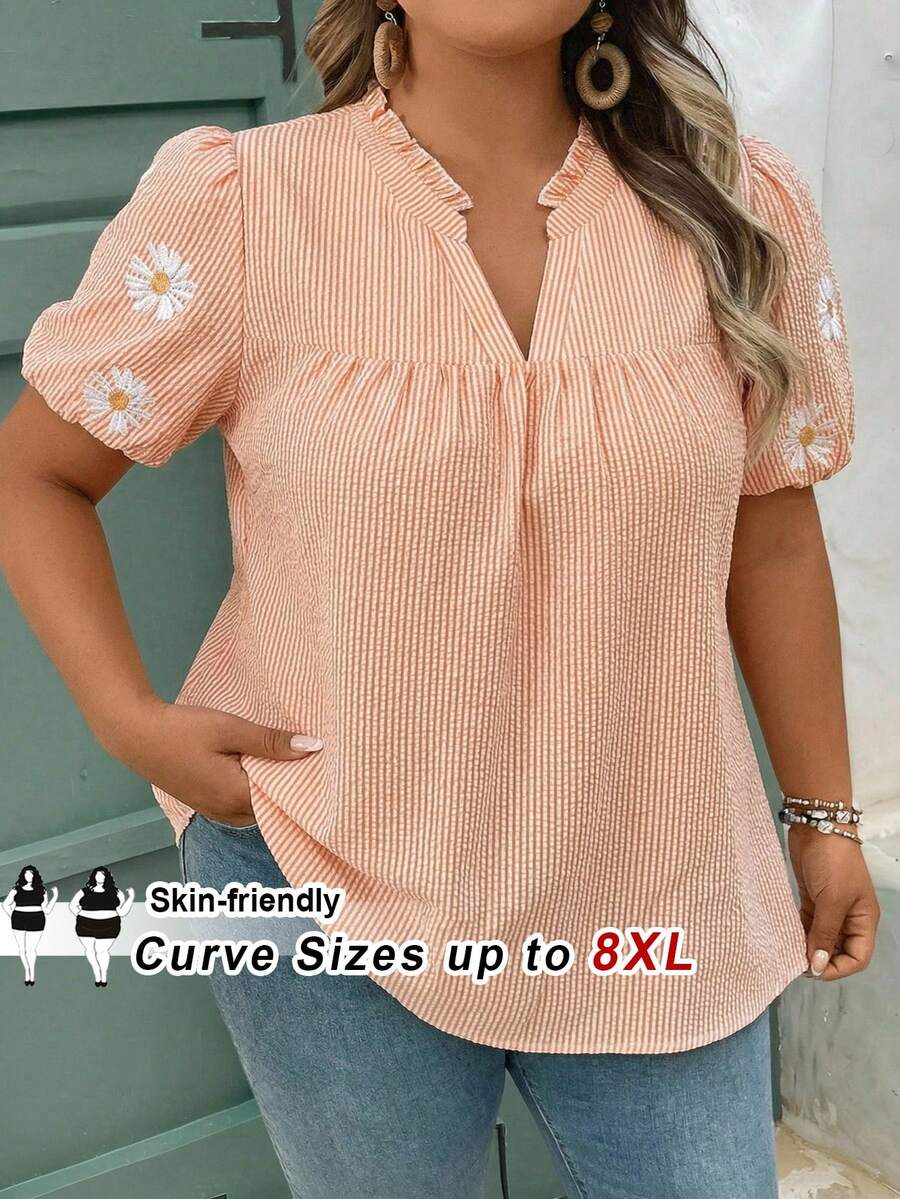 SHEIN CURVE+ Plus Size Women Striped Daisy Print Ruffle Hem Patchwork Blouse - Orange - View 1