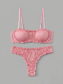 lacRébo Conjunto de lencería con encaje lila, volantes, sujetador bandeau y bragas a juego, sexy y elegante - Rosa - Ver 8