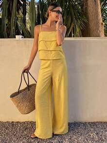Women's Summer Vacation Yellow Camisole Ruffle Top And Casual Pants 2 Pieces Set Lounge Sets For Women - Yellow - View 6