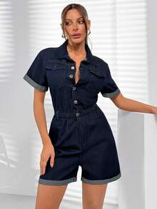 SHEIN 100% Cotton Button Front & Folded Hem Denim Jumpsuit - Dark Wash - View 6