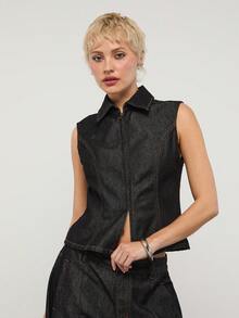 COUREZ 无袖拉链牛仔上衣，水洗效果 / Y2K 夏季女装 黑色上衣 无袖上衣 夏季穿搭 外出穿搭 音乐节穿搭 演唱会穿搭 Y2K 上衣 - 黑色 - 查看 5