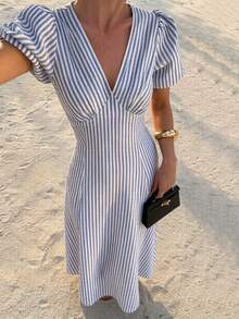 Siren Gaze Women's Striped Petal Sleeve Midi Dress  Blue Striped V Neck Sleeveless Long Dress Daily Commuter Wear Dresses For Women Summer Outfits For Women Beach Outfits For Woman Vacation Outfits Woman Western Wear Women Work Summer Dresses Woman S Summer Clothes Vacation Casual Holiday Resort  Short Sleeve A Line Going Out Blue Dresses For Women Graduation Dress Summer Outfits For Women Spring Clothing Easter Beach Outfit For Women Wedding Guest Vacation Outfits Women   Summer Holiday Outfits  Formal Attire For Women Y2K Work Outfits For Women Office Social Blouse   Business Casual Woman Going Out Outfits Teacher Outfits For Women Waist A-Line Blue Striped Dress Women's Casual Commuting Striped Cinched Waist Mini Dress Summer Casual - Blue and White - View 3