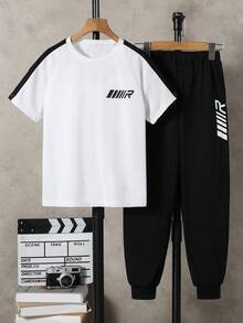 Vacaura 2 pièces/Set T-shirt à imprimé œil d'oiseau noir et pantalon noir pour pré-adolescents, tissu doux et confortable, convient pour le printemps/automne, l'école, les sports extérieurs, la photographie, les sorties, diverses occasions - Noir et Blanc - Voir 3