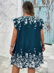 SHEIN CURVE+ Plus Size Boho Blue Teal Floral Print Summer Dress,Round Neck Ruffle Detail Woven Fabric Short Vacation Holiday Beach Outfits For Woman,Tea Party - Teal Blue - View 2