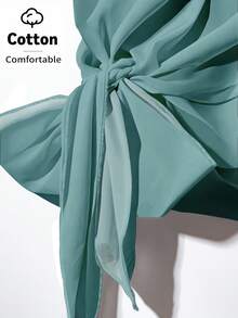 SHEIN Clasi 两件套女士纯棉休闲简约绿色蝴蝶结衬衫和宽松直筒几何印花裤套装，适合春、夏、秋季穿着。 - 彩色 - 查看 5