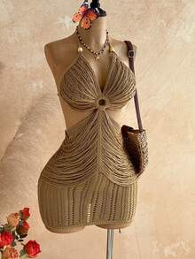 Soleia Vestido de punto mini con escote halter y espalda descubierta para vacaciones y playa - Albaricoque - Ver 3