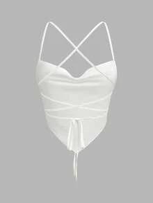 Opulessa Áo hở lưng gợi cảm cổ yếm đính sequin dành cho nữ, thích hợp đi nghỉ mát, đi biển. - trắng - Xem 4