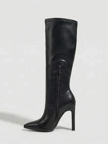 Daringsoles 女士尖头粗跟高跟紧身弹力PU皮性感侧拉链秋冬靴前卫舞会通勤女靴 - 黑色1 - 查看 7