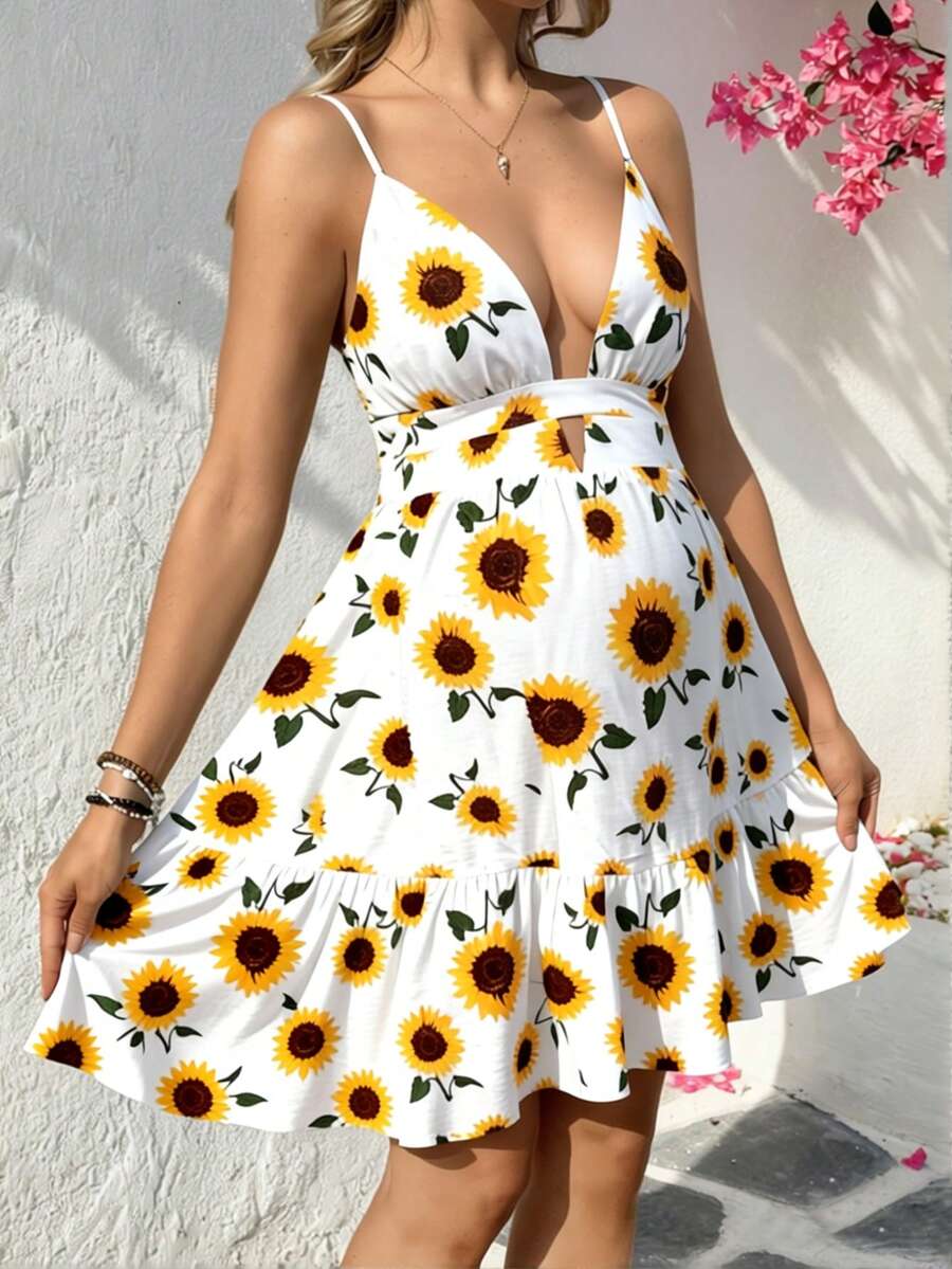 SHEIN 孕妇夏季休闲时尚向日葵印花露背吊带连衣裙 - 彩色 - 查看 1