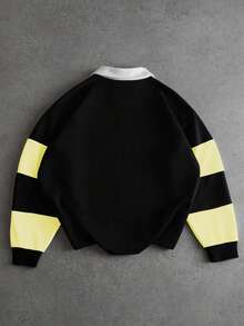 Manfinity Roghcode 男士时尚条纹长袖休闲宽松 Polo 衫。街头风、朋友装、情侣装、宽松款、男士款、印花款、日系风格、男女通用款、我爱我的女朋友 - 黑色 - 查看 2