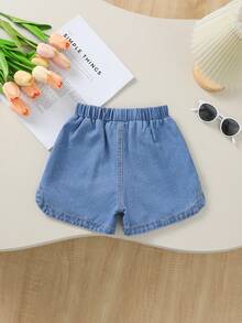 Filles (Petit) Jeans d'été/printemps en denim moelleux, style décontracté universitaire, jeans d'été bleu clair avec cheval brodé, taille élastique, tissu en denim déchiré, jambe ample, short en denim polyvalent pour l'été - Bleu azur - Voir 2