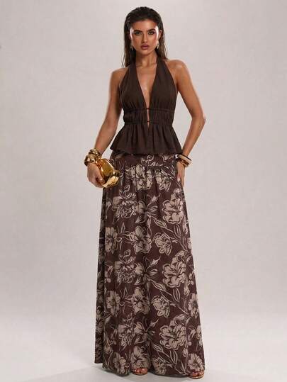 SHEIN BAE Women's Casual Floral Print Long Skirt, Suitable For Vacation, Beach, Hangout With Friends, Bohemian, Vacation Print Skirt, Long Print Skirt, Beach Vacation