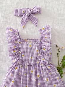 Vintaside Kids 女婴夏季格子雏菊印花荷叶边下摆无袖连衣裙,田园风格,适合户外度假休闲 - 紫色 - 查看 5