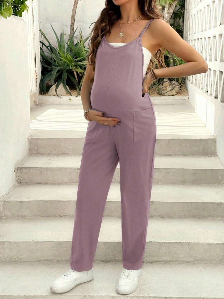 SHEIN Black Knit Front Pocket Maternity Jumpsuit - Mauve Purple - View 1