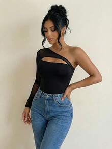 Sirith Body Negro Con Malla Transparente Sexy Y Hombros Oblicuos Huecos - Negro - Ver 4