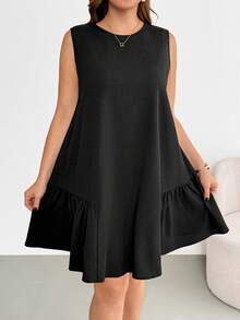 SHEIN Essnce Đầm ngắn không tay màu đen, kiểu dáng đơn giản, thoải mái, dễ mặc hàng ngày, cơ bản, đa năng, chất liệu vải có họa tiết, tôn dáng, thích hợp cho nữ, mùa xuân/hè. Phong cách thời trang đơn giản, trang phục mùa hè, phong cách mùa hè châu Âu. - màu đen - Xem 5