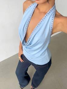 Aloruh Women's Solid Color Hanging Collar Backless Rivet Light Blue Backless Top - Baby Blue - View 6
