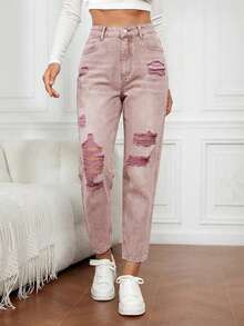SHEIN FlexDen Quần jean denim nữ dáng rộng, rách rưới, túi xéo. - Cà phê nâu - Xem 4