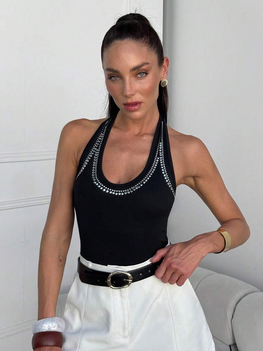 Lavishia Women's Fashionable Black Beaded Bodysuit,Summer 70s Club Party Rhinestone Chain Vest Tops Bling Halter Push Up Zipper Control Bathing Suit - Black - View 1