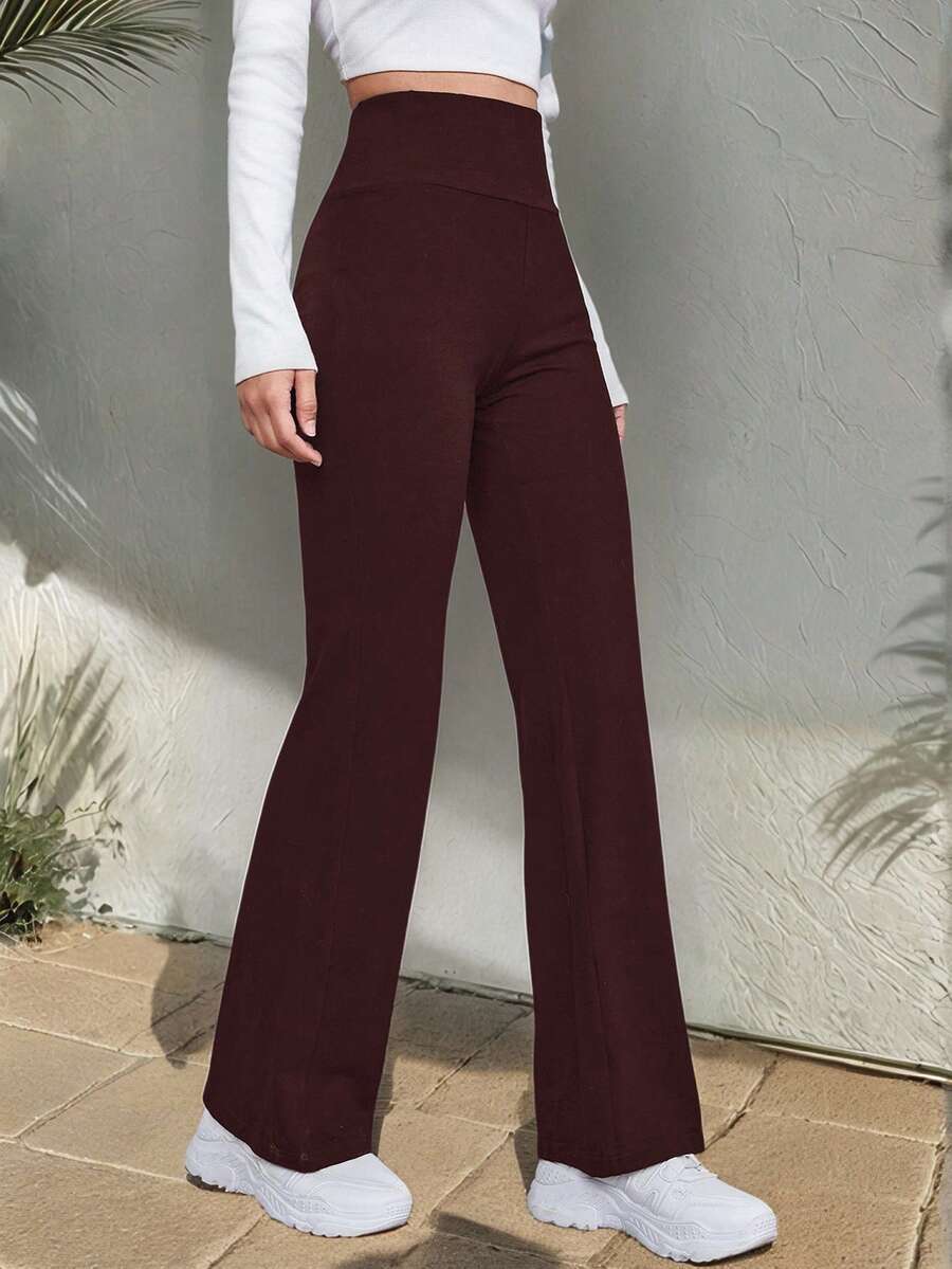 SHEIN EZwear 女士针织高腰喇叭裤 女士办公室穿搭裤 女士高腰阔腿裤 女士高腰喇叭打底裤 阔腿瑜伽裤 - 酒紅色 - 查看 1