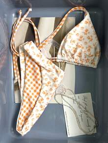 Swim Mod Bộ bikini hai mảnh mùa hè mới về dành cho nữ, áo và quần bikini tam giác buộc dây cổ, họa tiết hoa và kẻ caro ngẫu nhiên, đồ bơi đi biển. - Nhiều màu - Xem 1