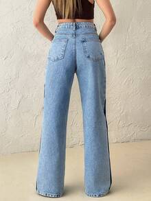 SHEIN High Rise Side Stripe Detailed 90's Light Blue Wash Loose Straight Leg Denim Jean - Light Wash - View 3