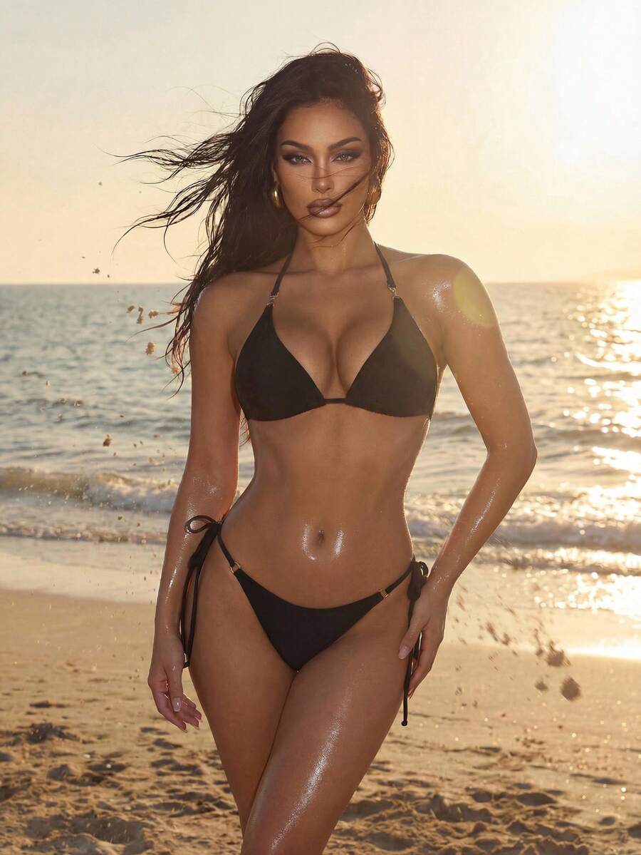 Swim SXY Summer Beach Women's Metal Clasp Halter Neck Bikini Set